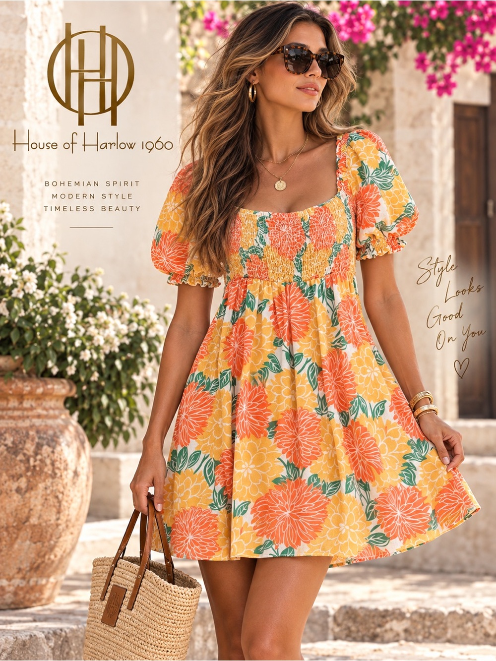 House of Harlow 1960 Yellow and Orange Floral Puff-Sleeve Mini Dress M Linen